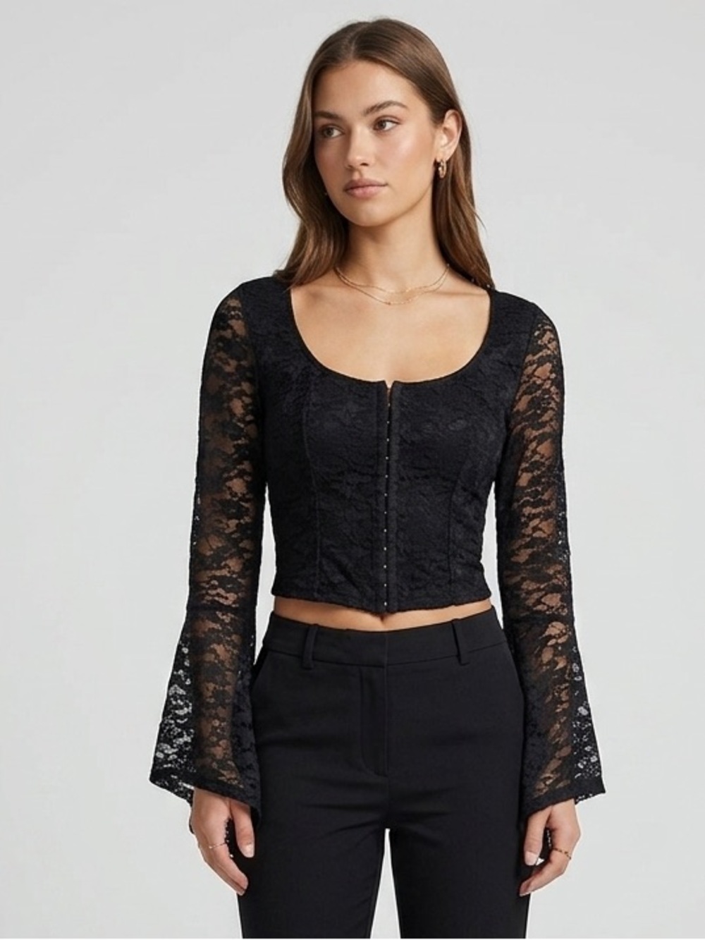 Cosmic Aura Goth Black Lace Long-Sleeve Corset Crop Top Shirt Size XL